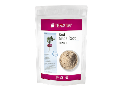 a bag of raw red maca root powder from The Maca Team