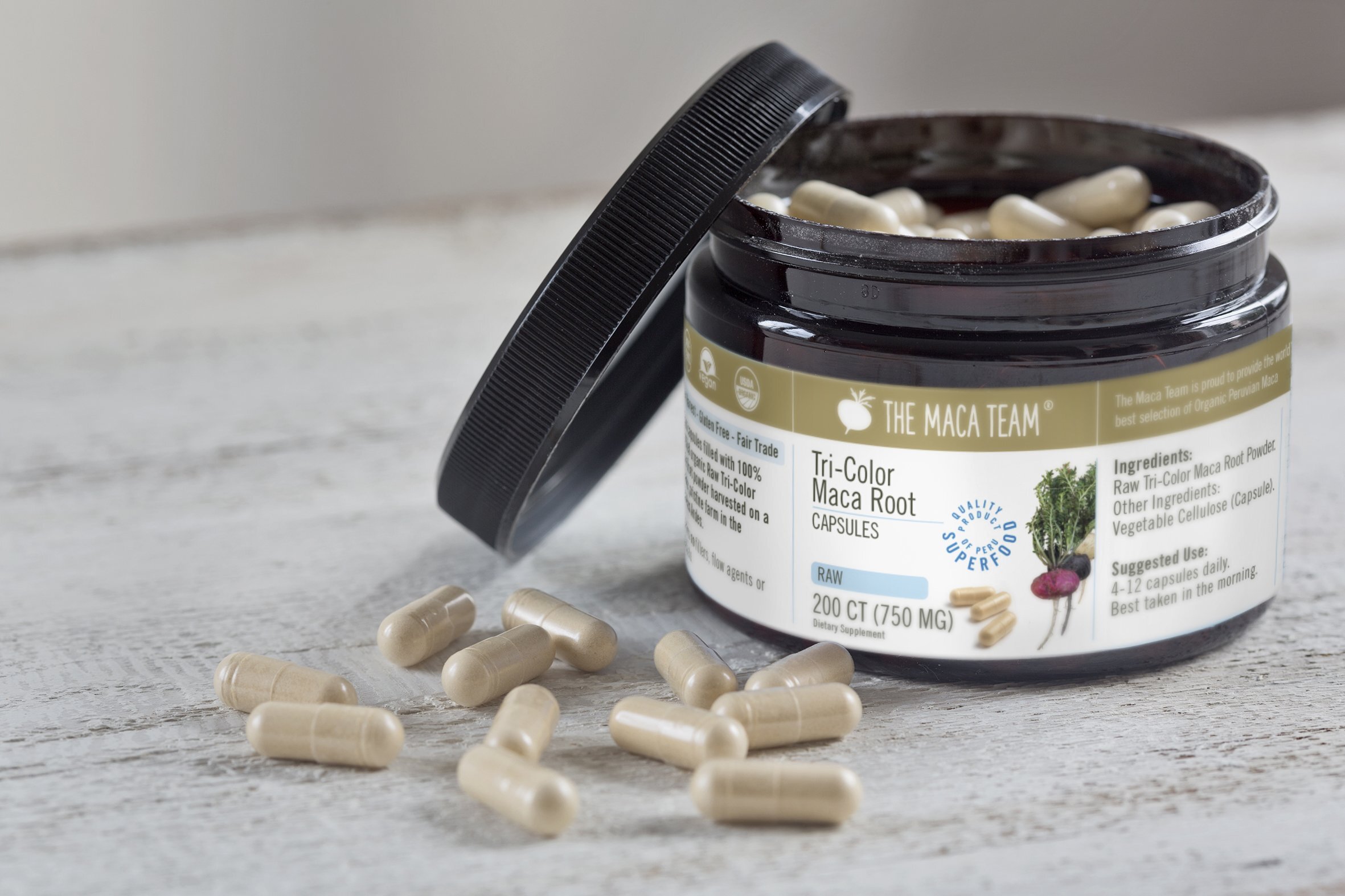 jar of tri-color maca root capsules