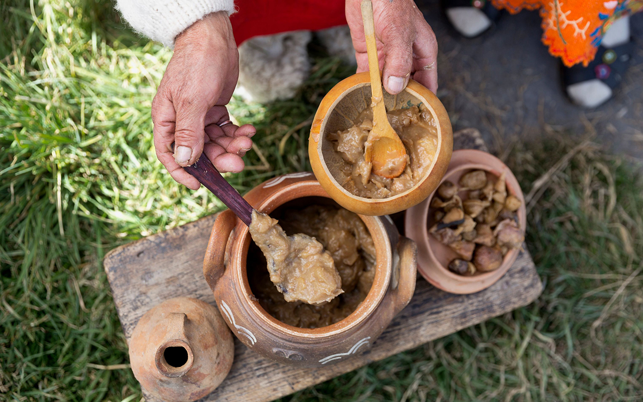 Traditional maca mazamorra prepared with maca root chips