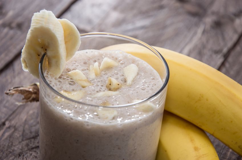 Maca protein smoothie with hemp seeds, banana, and Black Maca powder