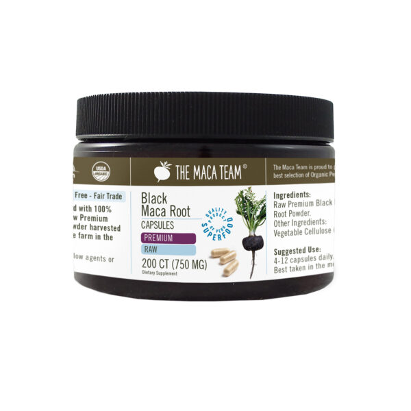 Organic Premium Raw Black Maca Capsules from The Maca Team Vegan 750mg 200ct
