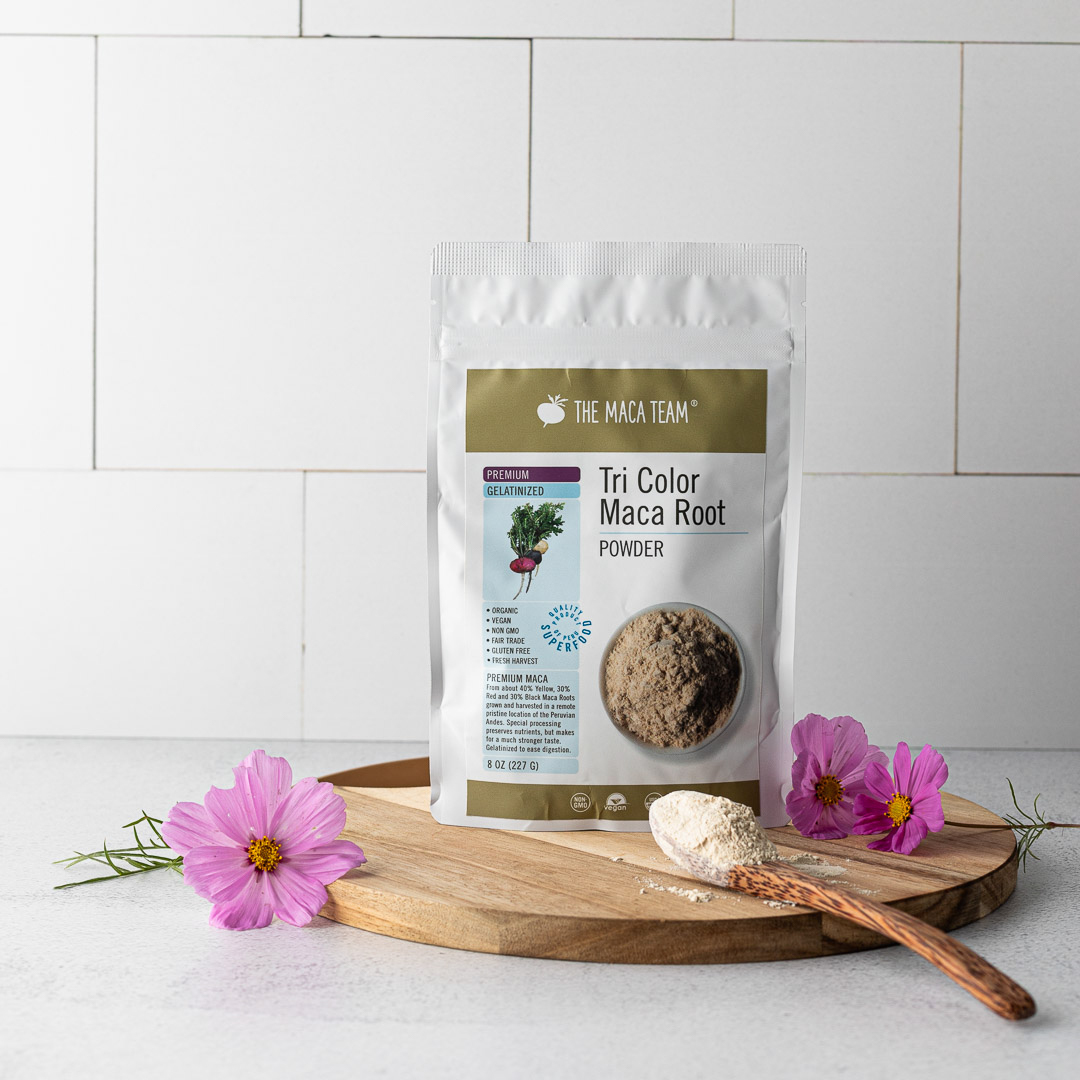 Premium gelatinized maca root powder showing overlapping maca processing types