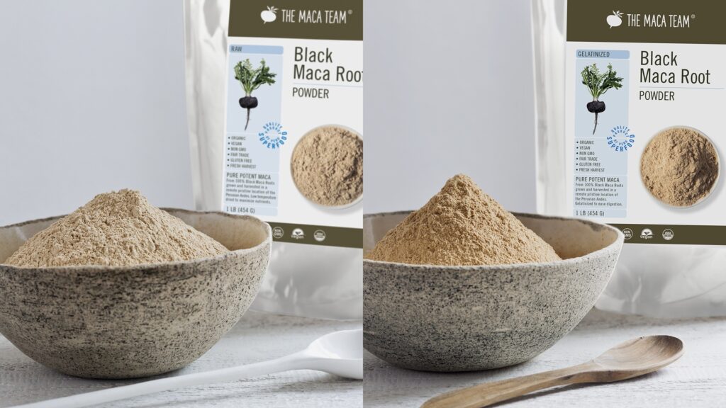 Raw and gelatinized black maca compared side by side