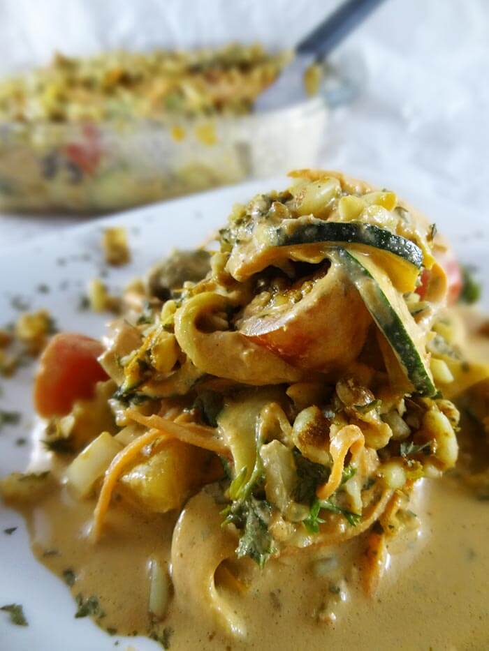 Raw Maca zucchini casserole with vegetables and Maca cheeze sauce