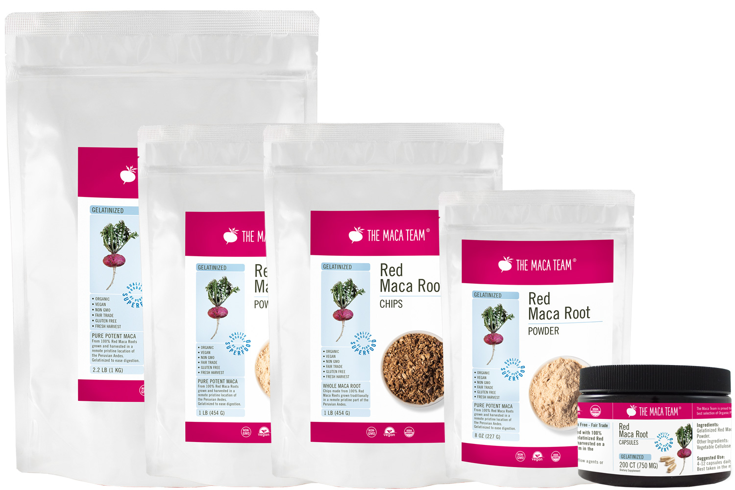 The Maca Team organic gelatinized red maca product selection
