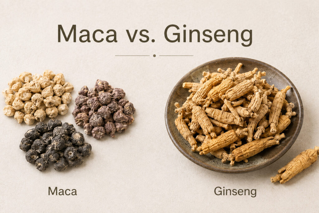 Maca and ginseng roots compared