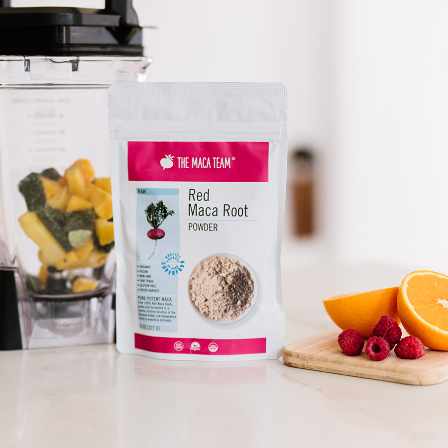 Organic Raw Red Maca Powder in Use Organic raw red maca powder used in a daily routine