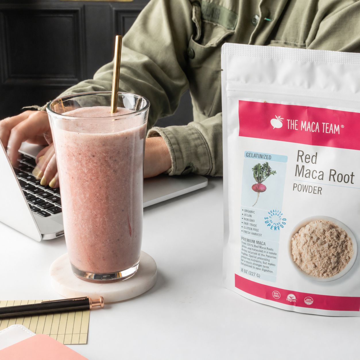 Gelatinized red maca powder smoothie