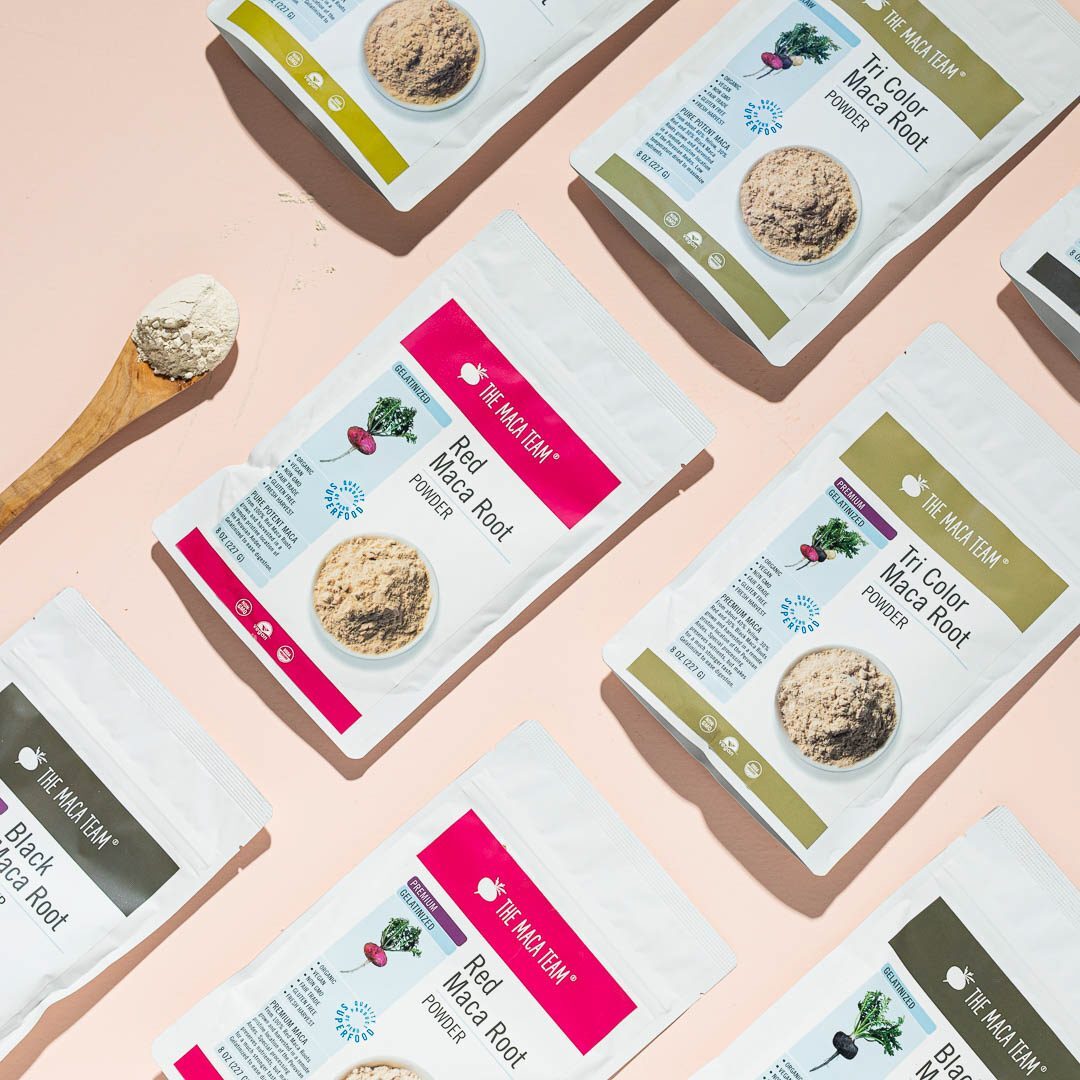 Yellow, red, black, and tri-color gelatinized maca powders from The Maca Team