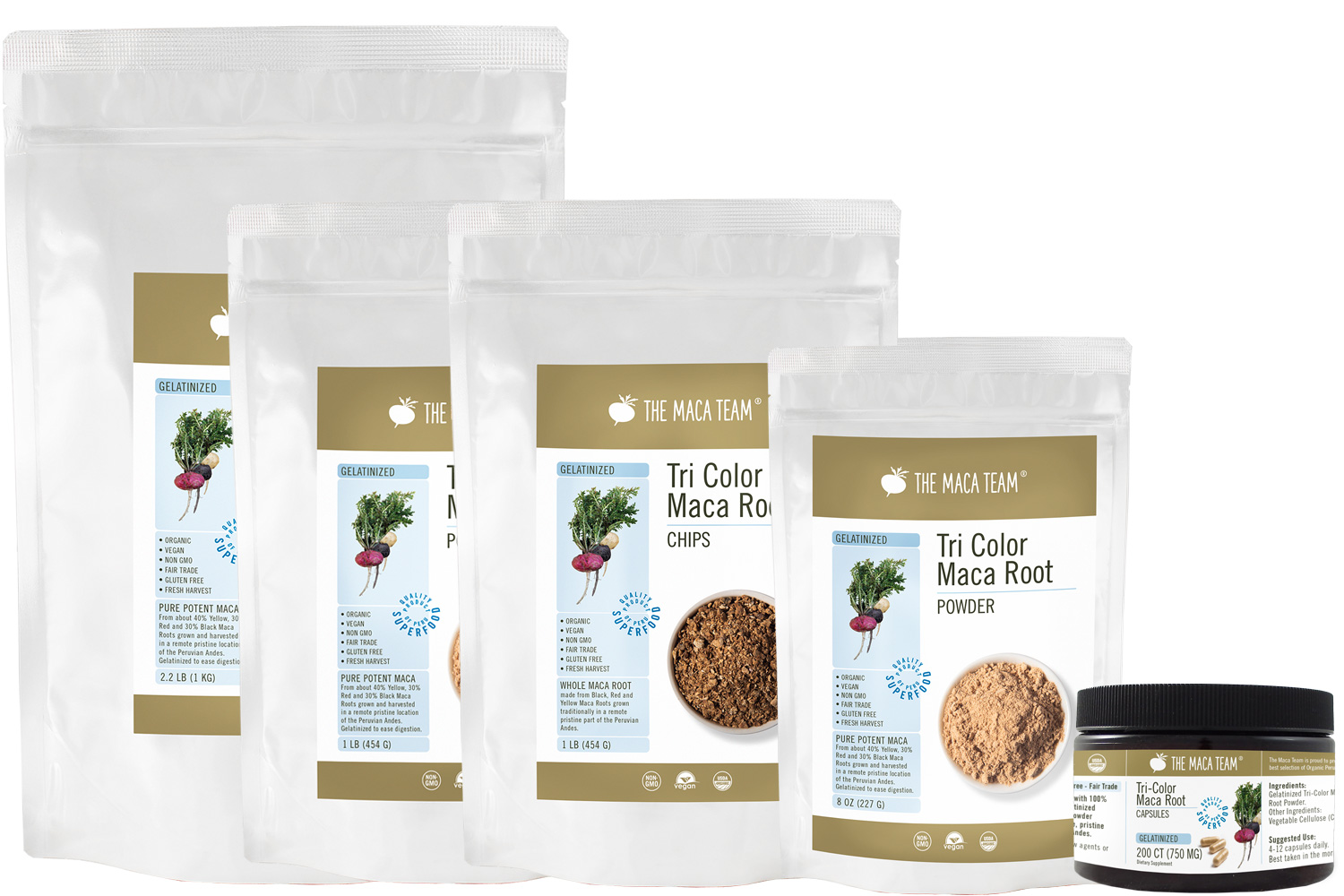Gelatinized Tri-Color Maca Products Gelatinized Tri-Color Maca powder capsules and chips from The Maca Team