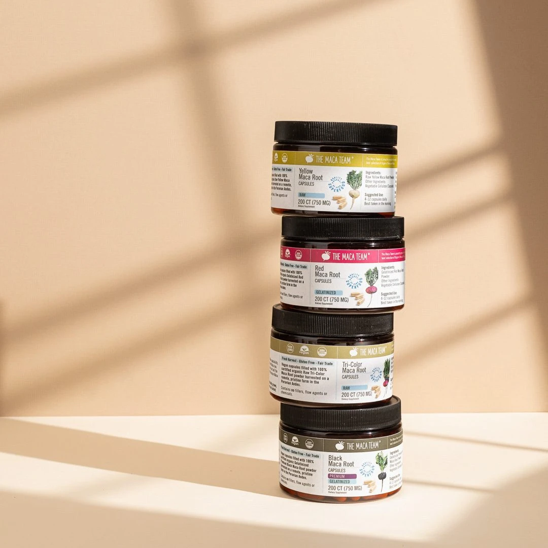 Red, black, yellow, and tri-color maca capsule options from The Maca Team