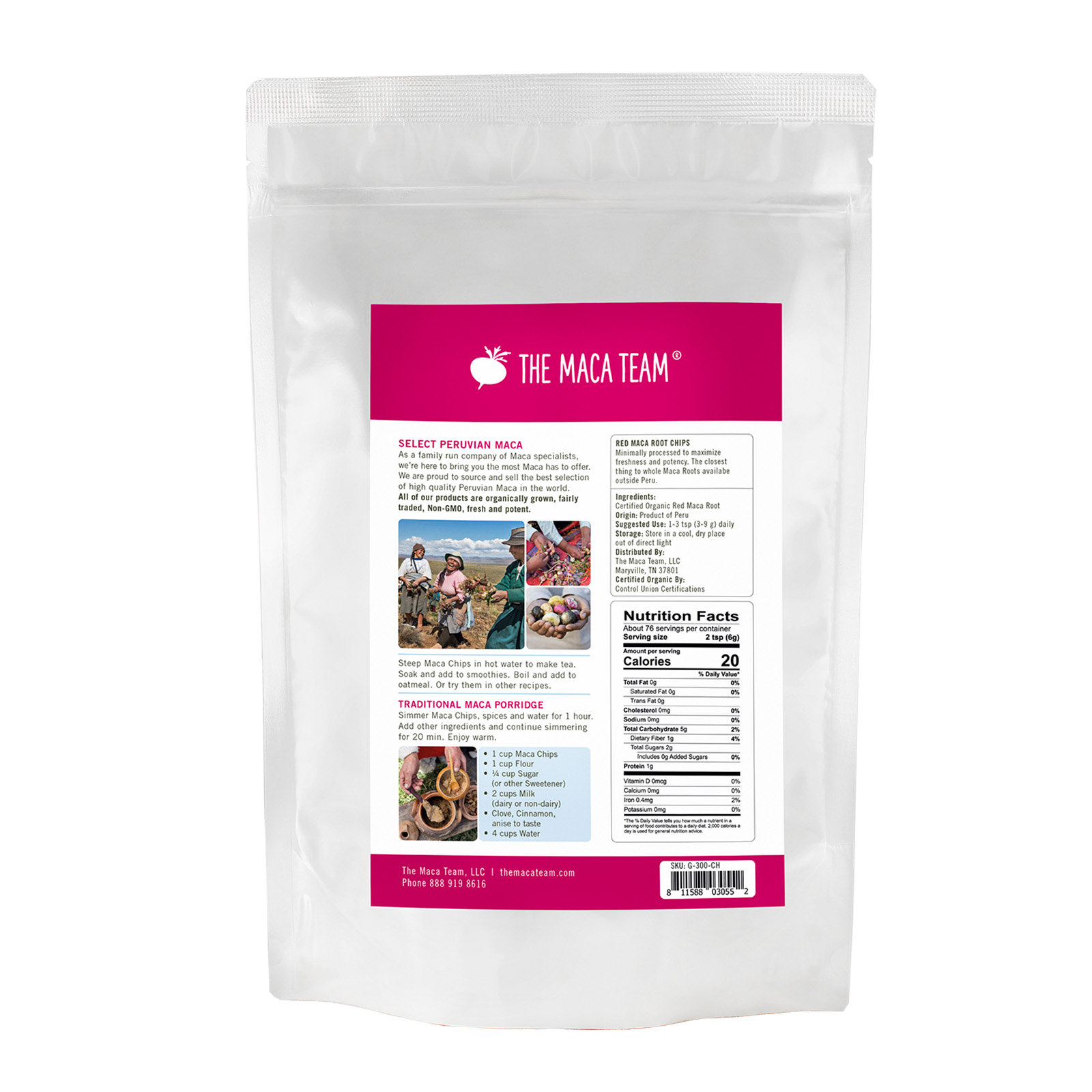 Organic Gelatinized Red Maca Chips from The Maca Team 1 lb back