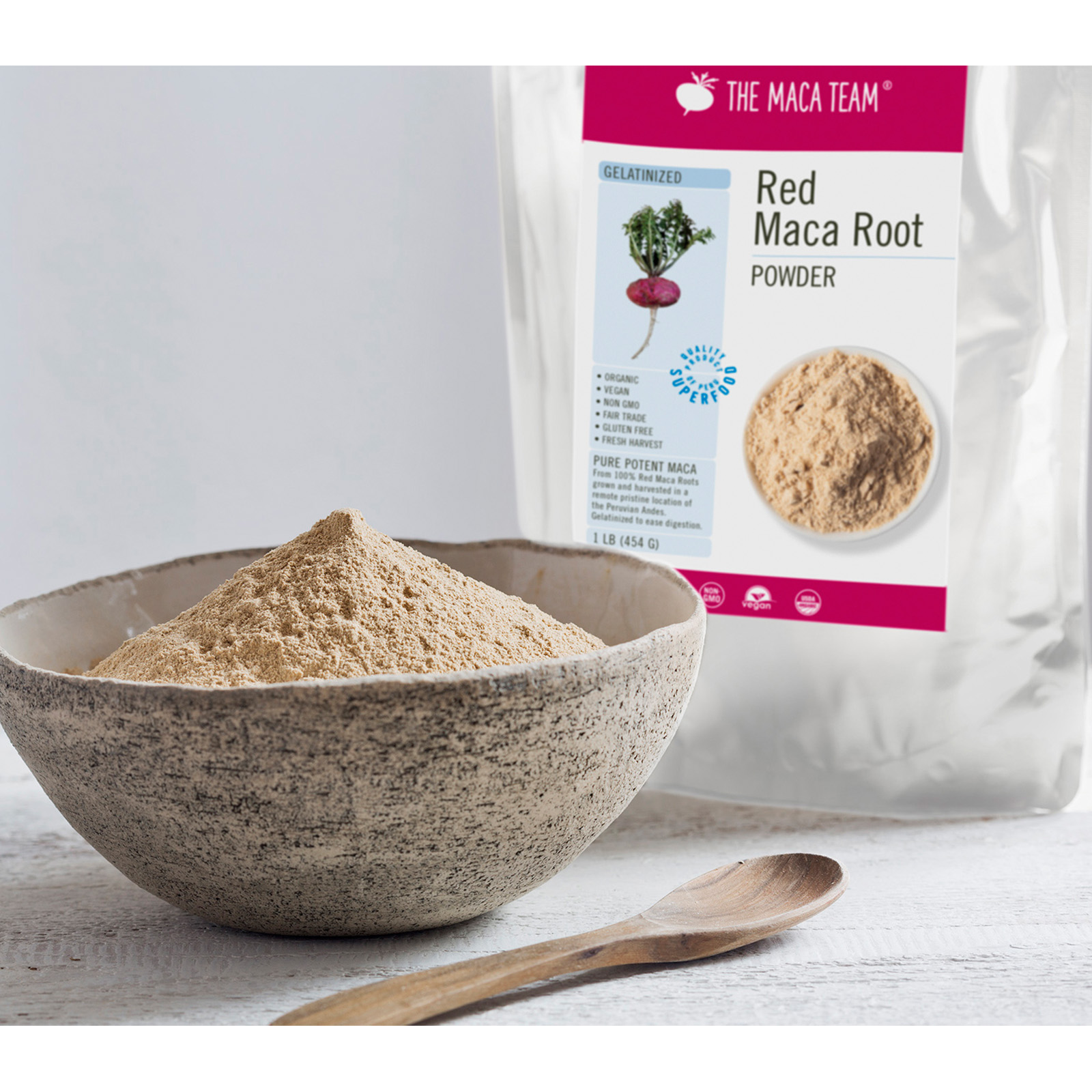 Organic Gelatinized Red Maca Powder From The Maca Team In A Bowl With Bag