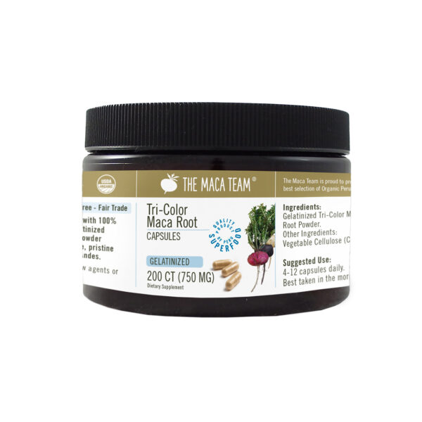 Organic Gelatinized Tri-Color Maca Capsules from The Maca Team Vegan 750mg 200ct