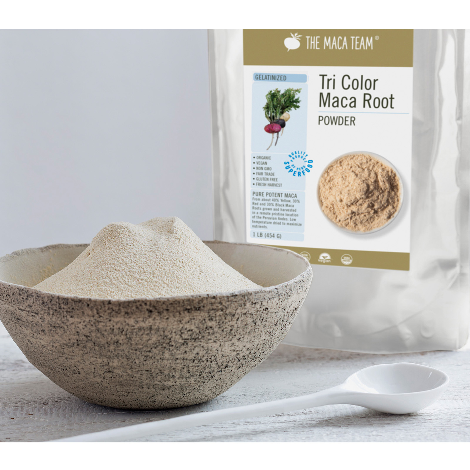 Organic Gelatinized Tri Color Maca Powder from The Maca Team in a bowl with bag