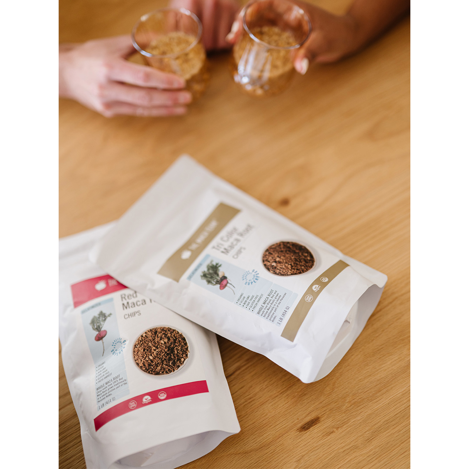 organic gelatinized whole red maca root chips with hands
