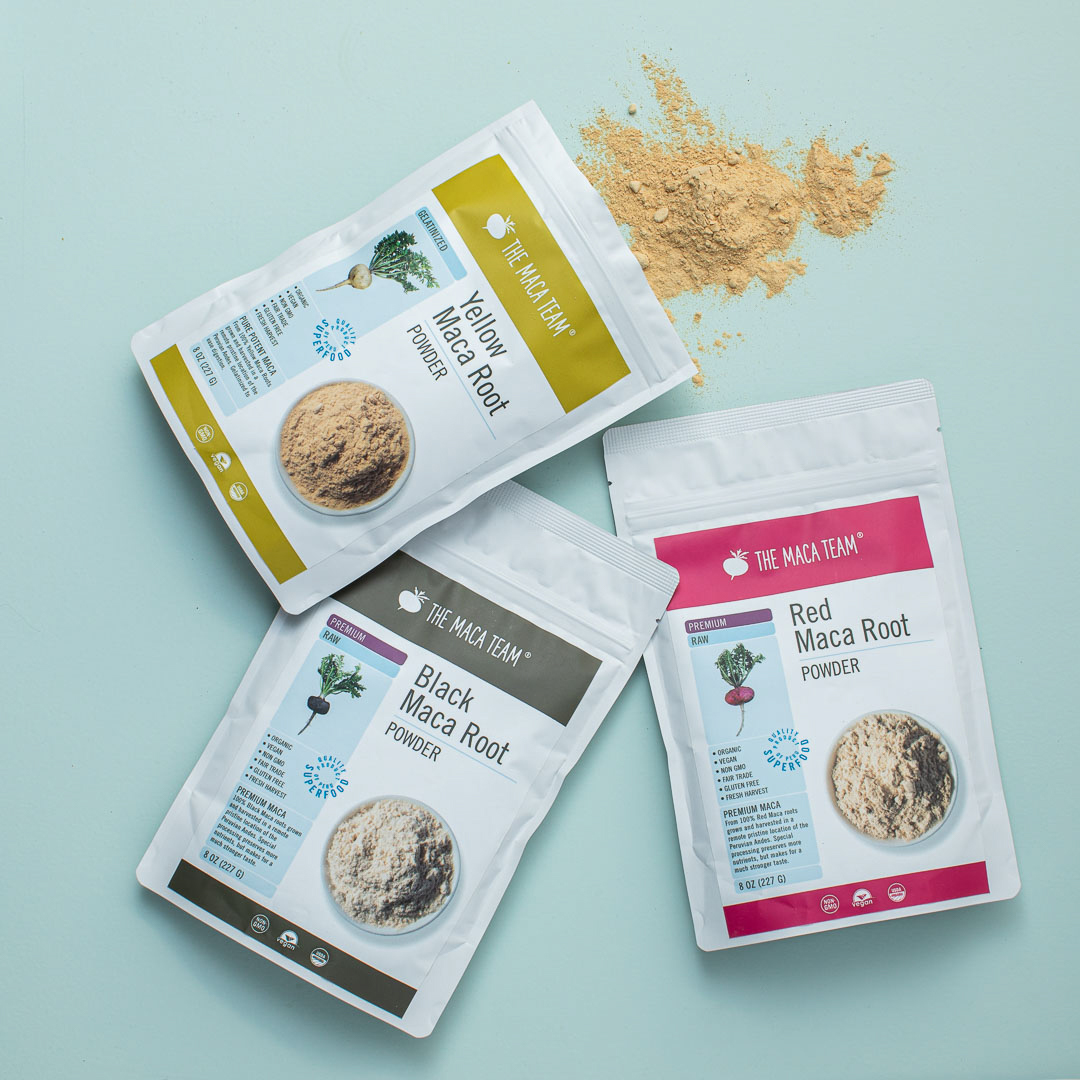 Organic maca powder in yellow red black and Tri-Color varieties