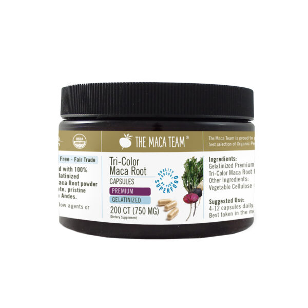 Organic Premium Gelatinized Tri-Color Maca Capsules from The Maca Team Vegan 750mg 200ct