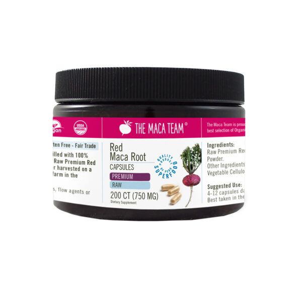 Organic Premium Raw Red Maca Capsules from The Maca Team Vegan 750mg 200ct