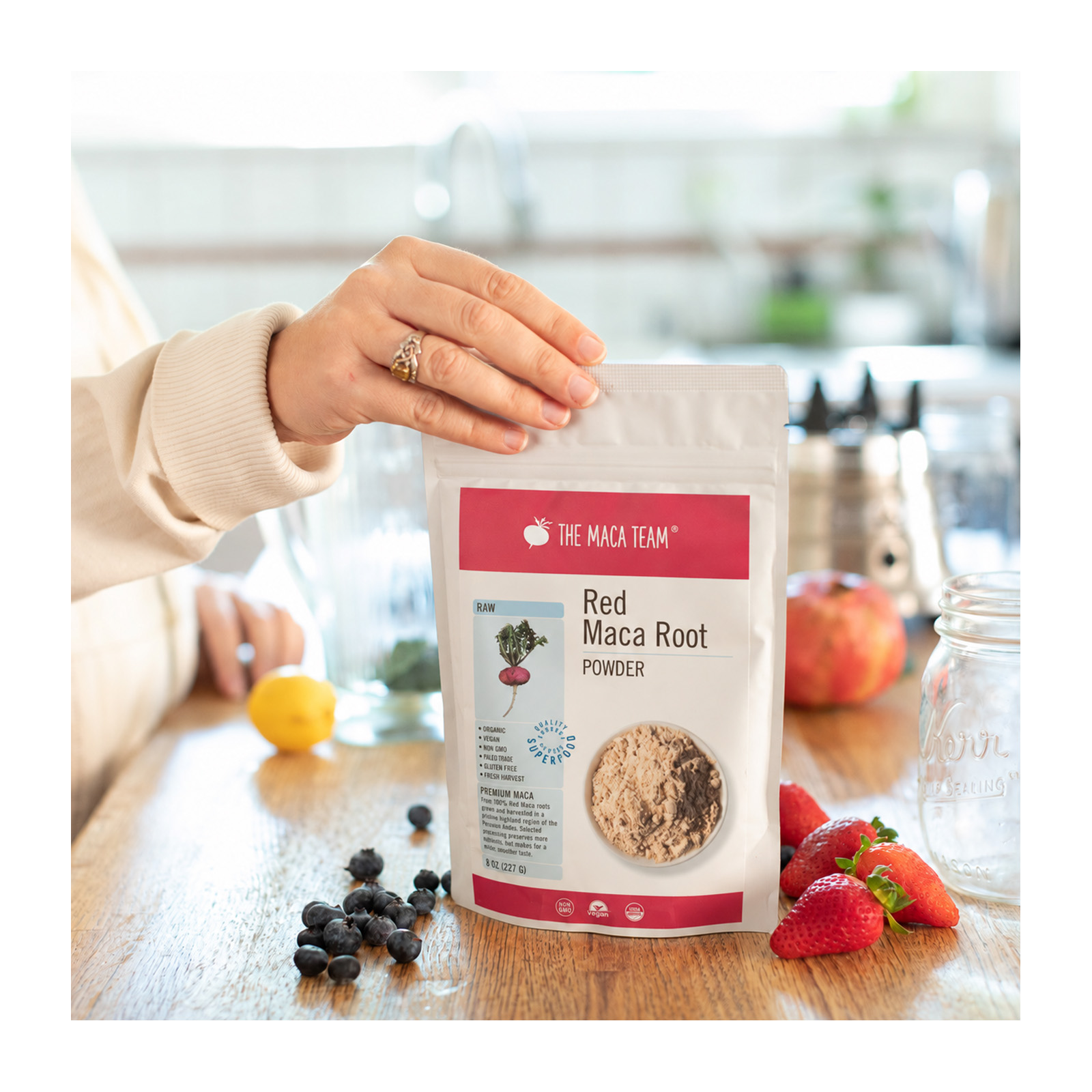 Organic raw red maca powder as a smoothie ingredient