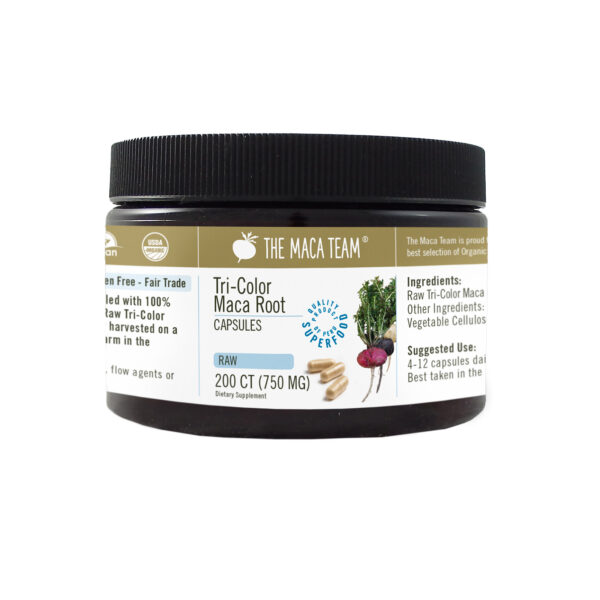 Organic Raw Tri-Color Maca Capsules from The Maca Team Vegan 750mg 200ct