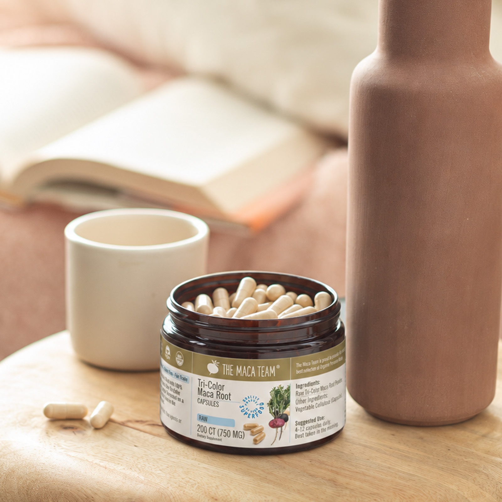 Organic Raw Tri-Color Maca Capsules ready to take with water