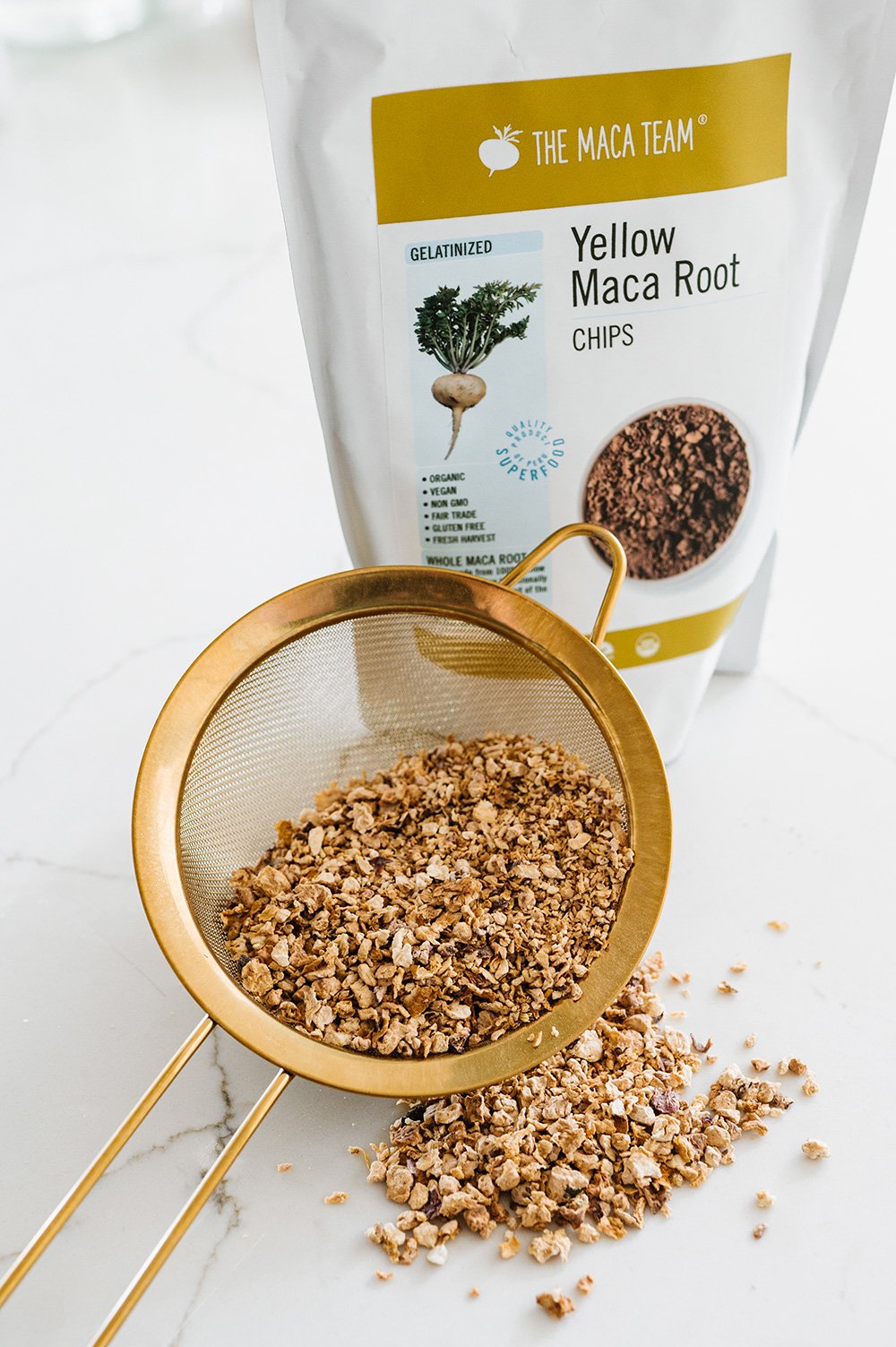 Yellow whole maca root chips from Peru
