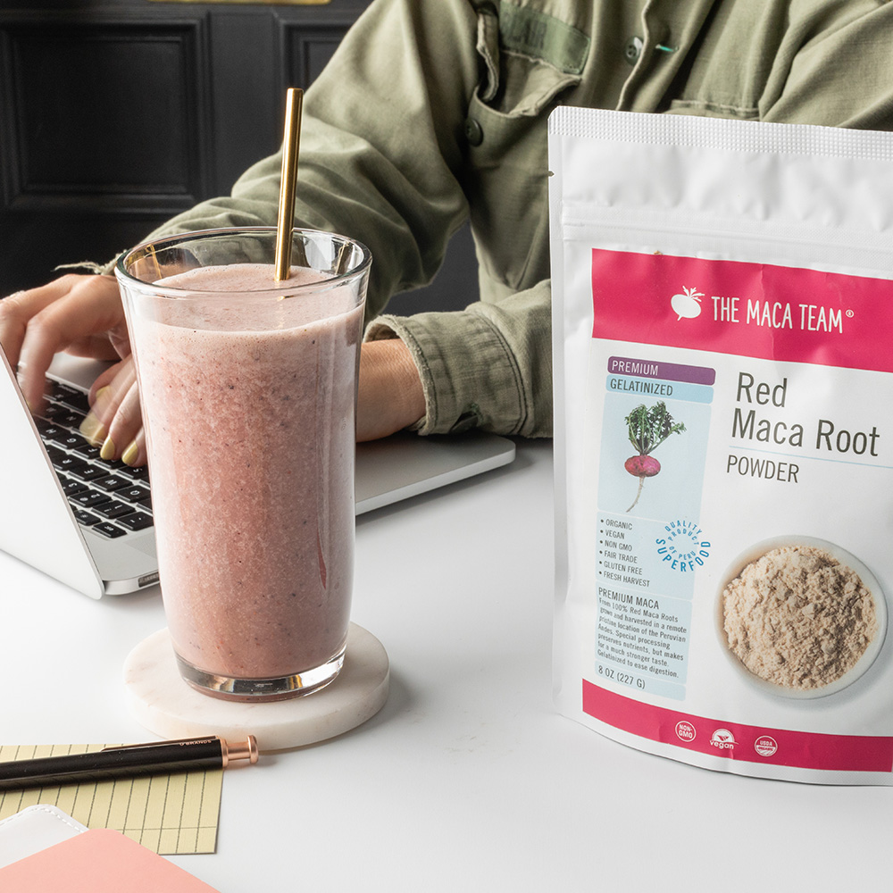 Organic red maca powder in a lifestyle setting
