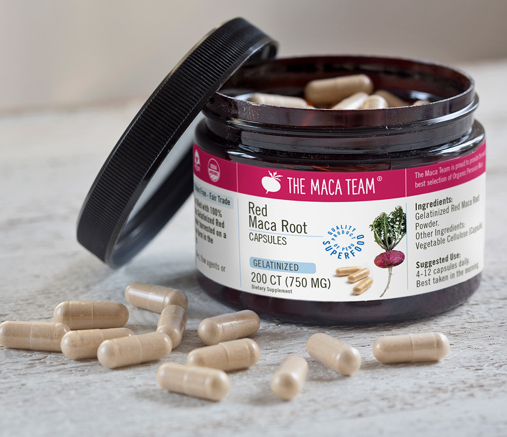 Red maca capsules lifestyle photograph