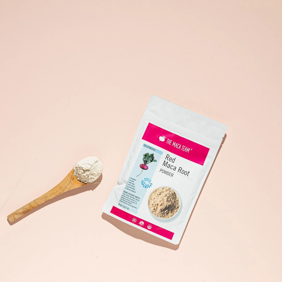 Lifestyle photograph introducing red maca and midlife wellness