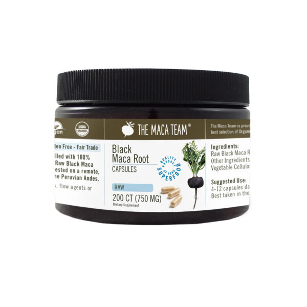 Organic Raw Black Maca Capsules from The Maca Team Vegan 750mg 200ct